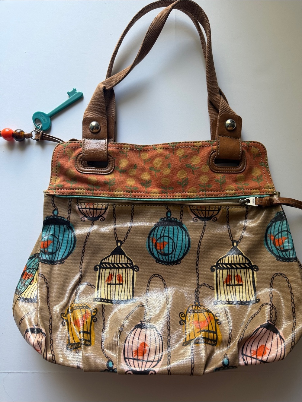 Fossil Key-per Canvas Tote Bag with Colorful Birdcage Print in Tan and Teal - Picture 3 of 9